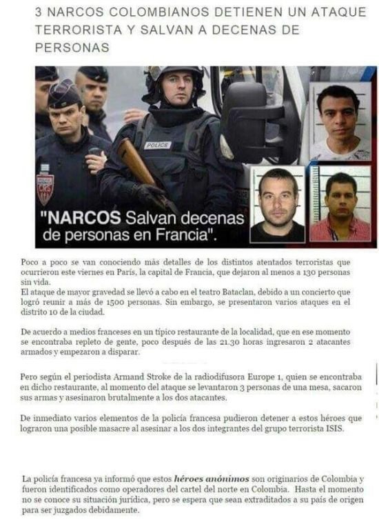 Трое колумбийцев-наркоторговцев стали героями Франции, застрелив нападавших террористов